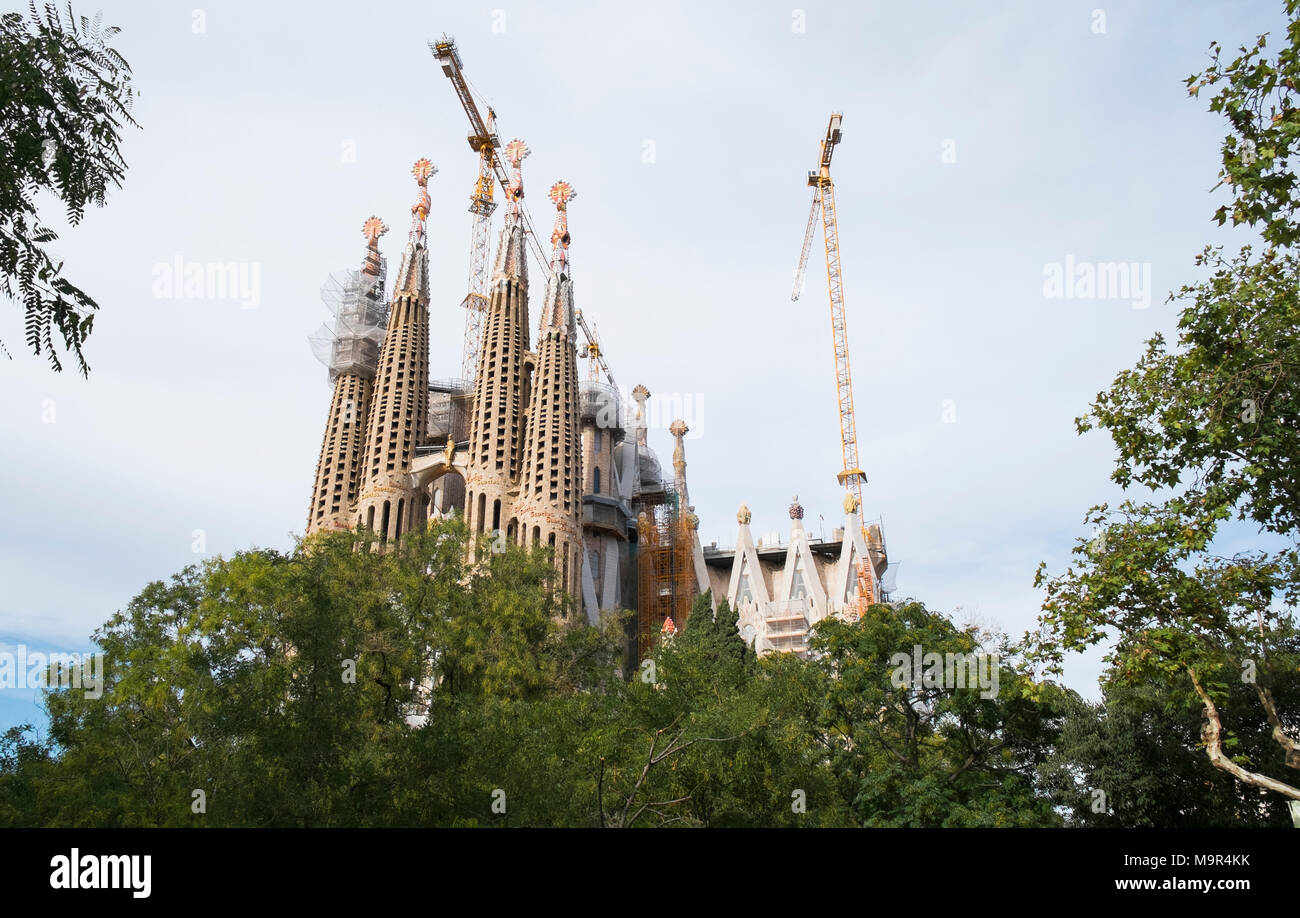 La Sagrada Familia, under construction, expected to be complete by 2026, one hundred years after Antoni Gaudi's death Stock Photo