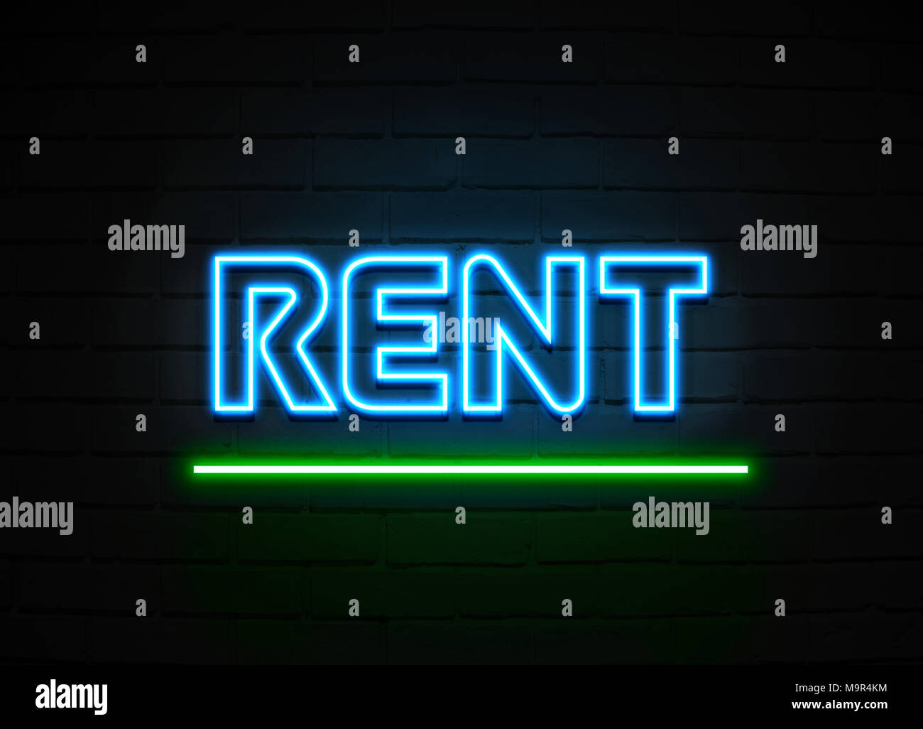 Rent neon sign Glowing Neon Sign on brickwall wall 3D rendered