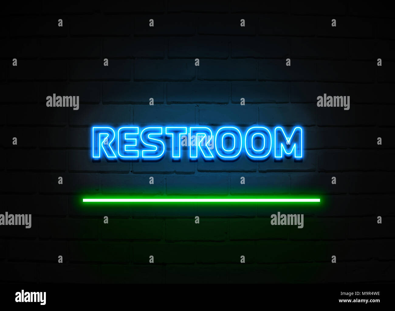 Restroom neon sign - Glowing Neon Sign on brickwall wall - 3D rendered