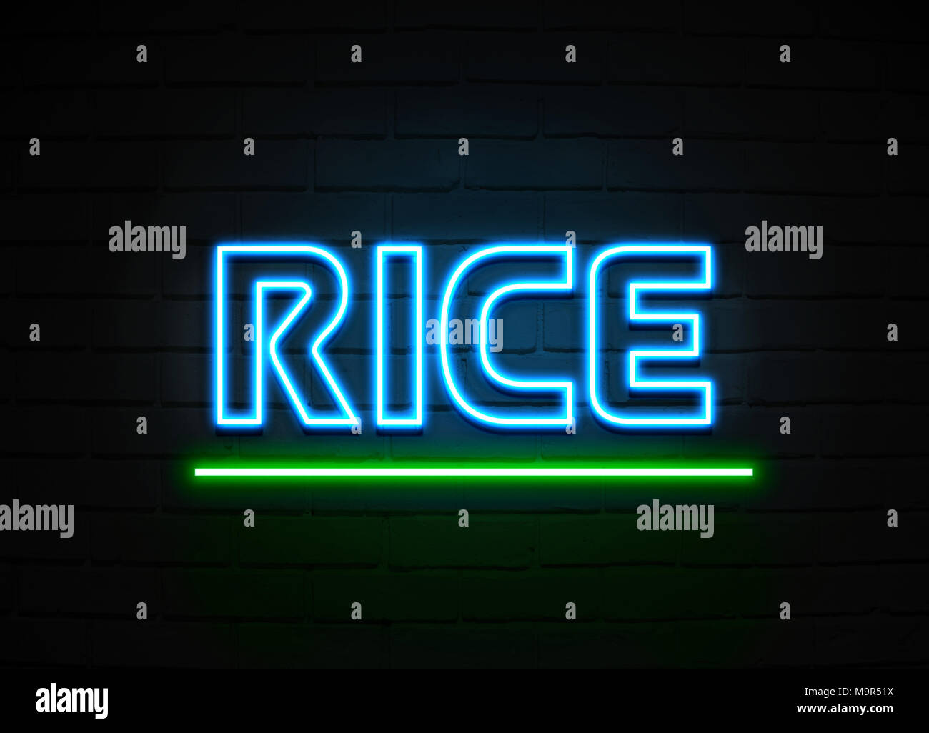 Rice neon sign Glowing Neon Sign on brickwall wall 3D rendered
