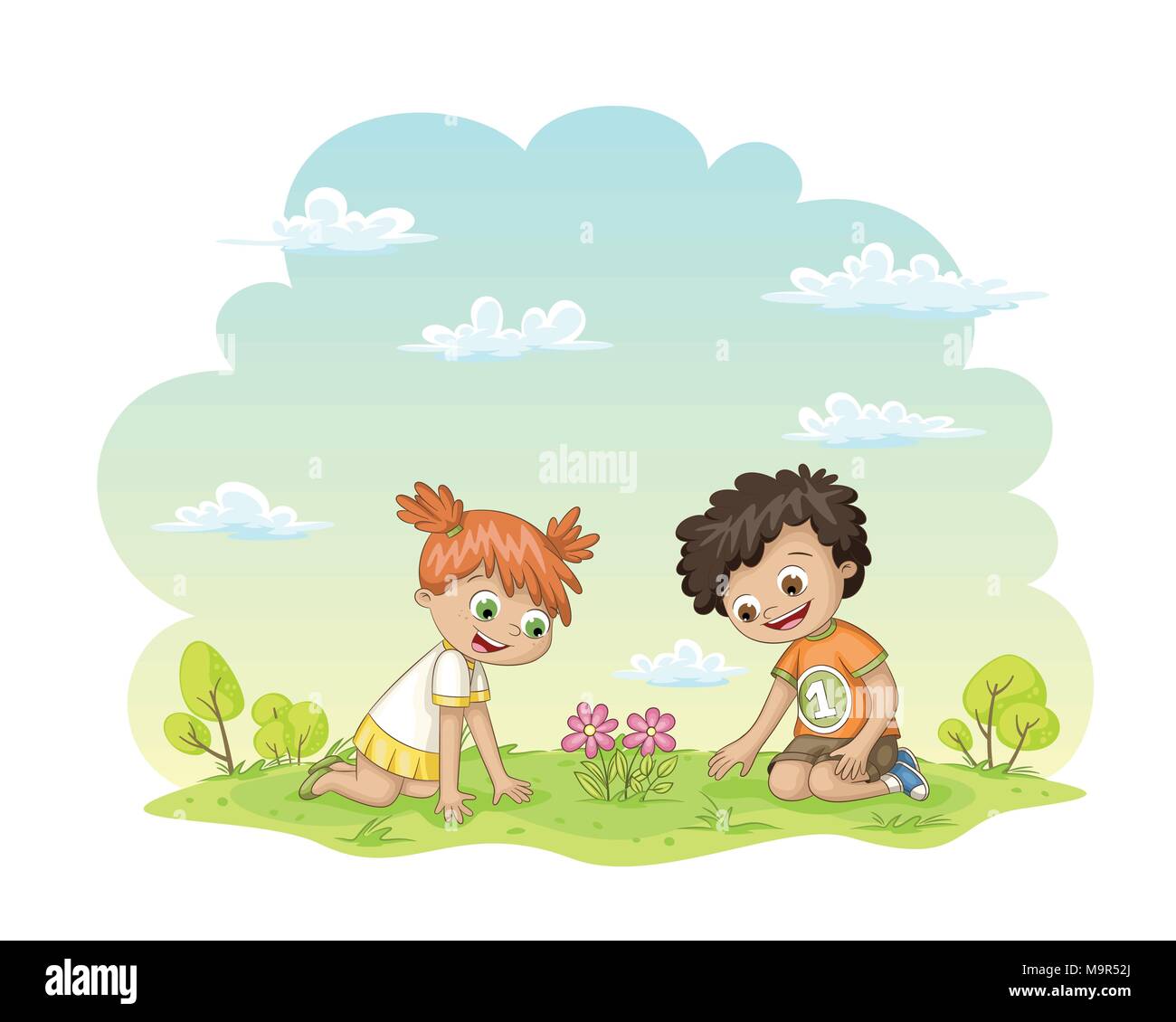Two children are happy about a flower in a meadow Stock Vector