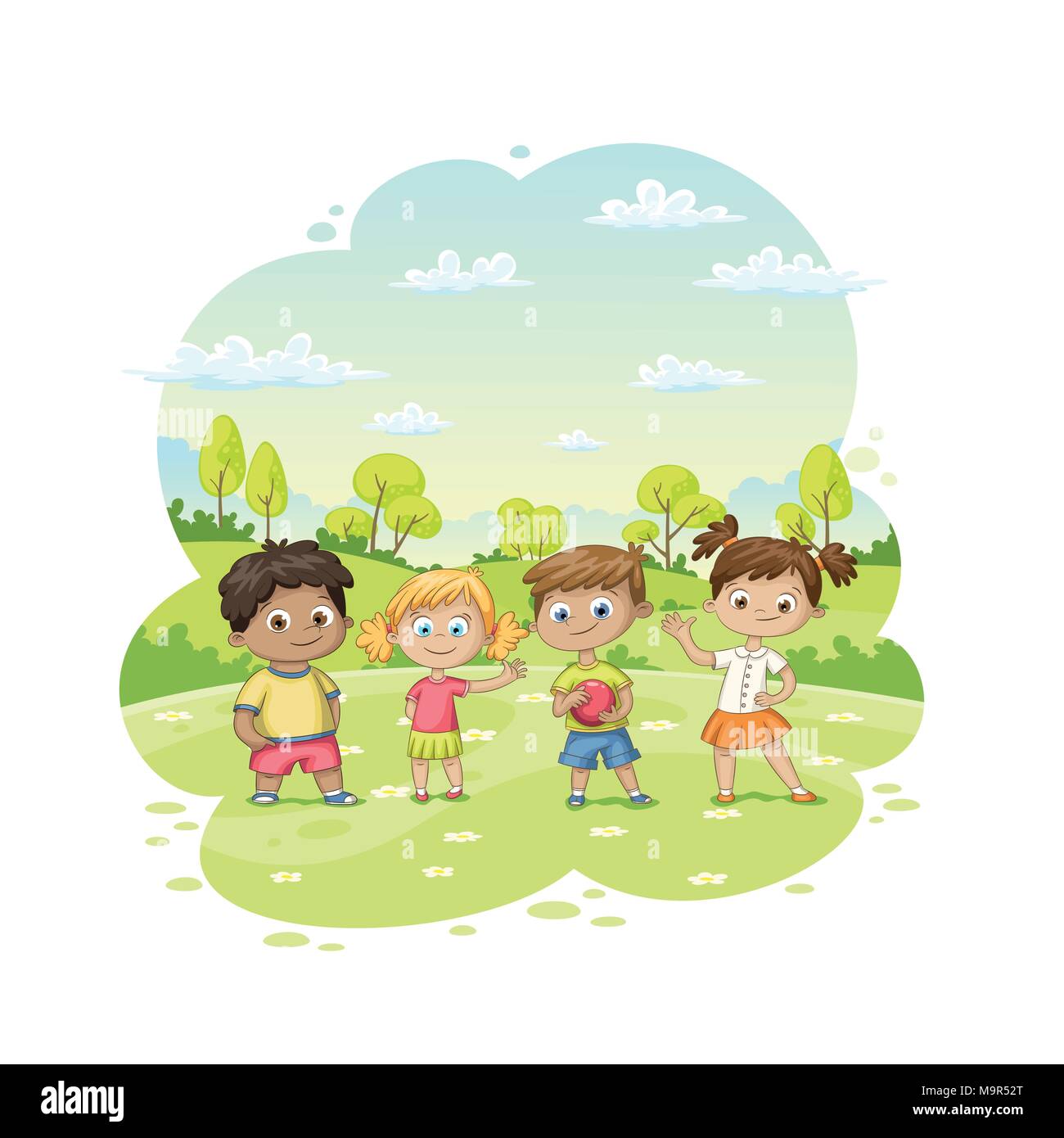 Group of children ist standing in a meadow Stock Vector