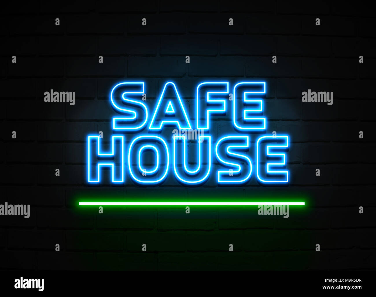 Safe House neon sign - Glowing Neon Sign on brickwall wall - 3D rendered royalty free stock illustration. Stock Photo
