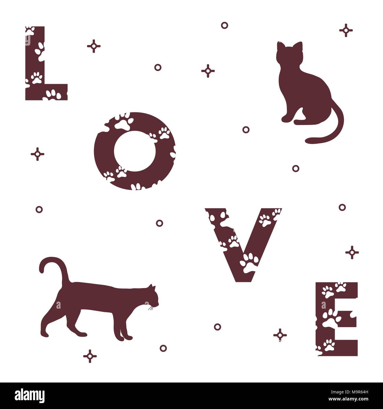 Word: Love. The message is decorated with traces of a cat. Cats. Template for design, print. Stock Vector