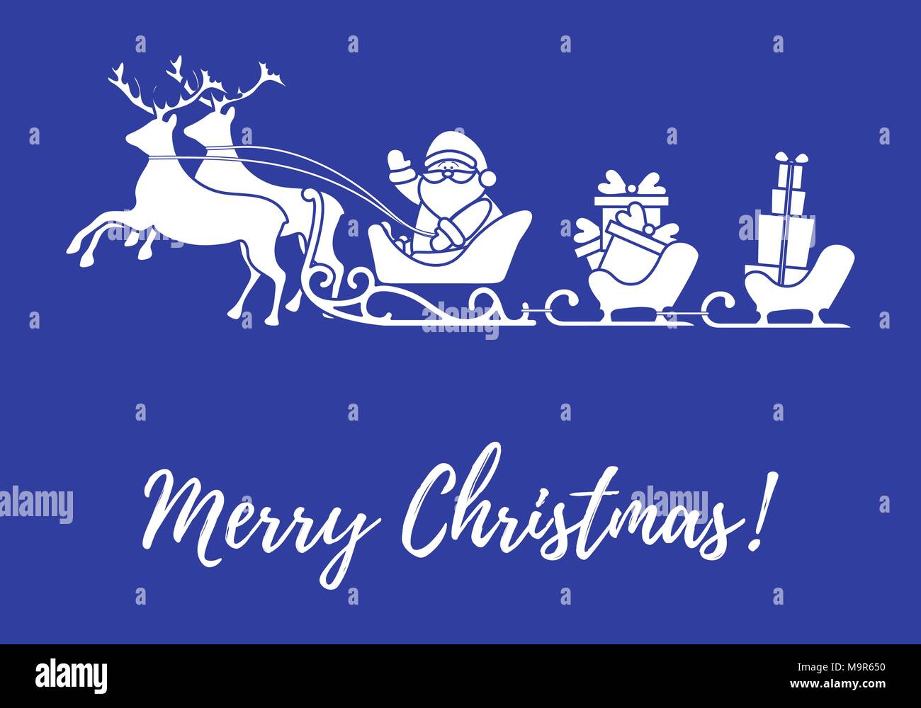 Santa Claus With Christmas Presents In Sleighs With Reindeers New