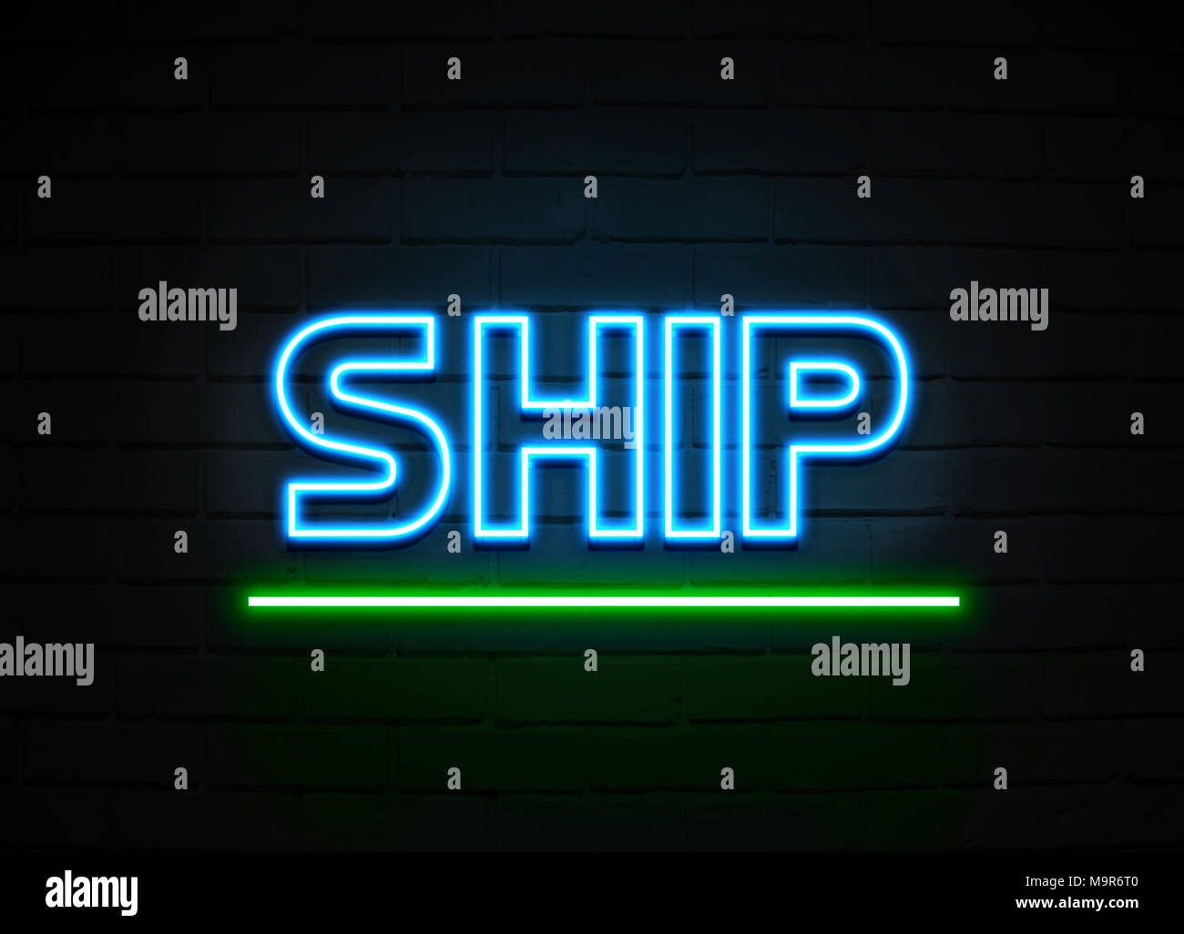 Ship neon sign Glowing Neon Sign on brickwall wall 3D rendered