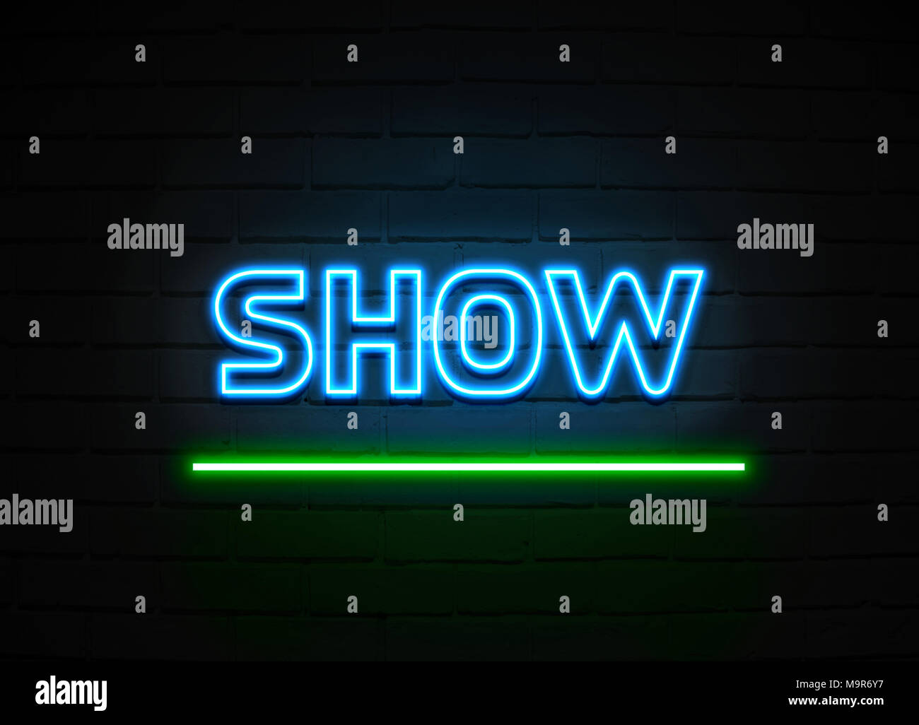 Show neon sign - Glowing Neon Sign on brickwall wall - 3D rendered ...