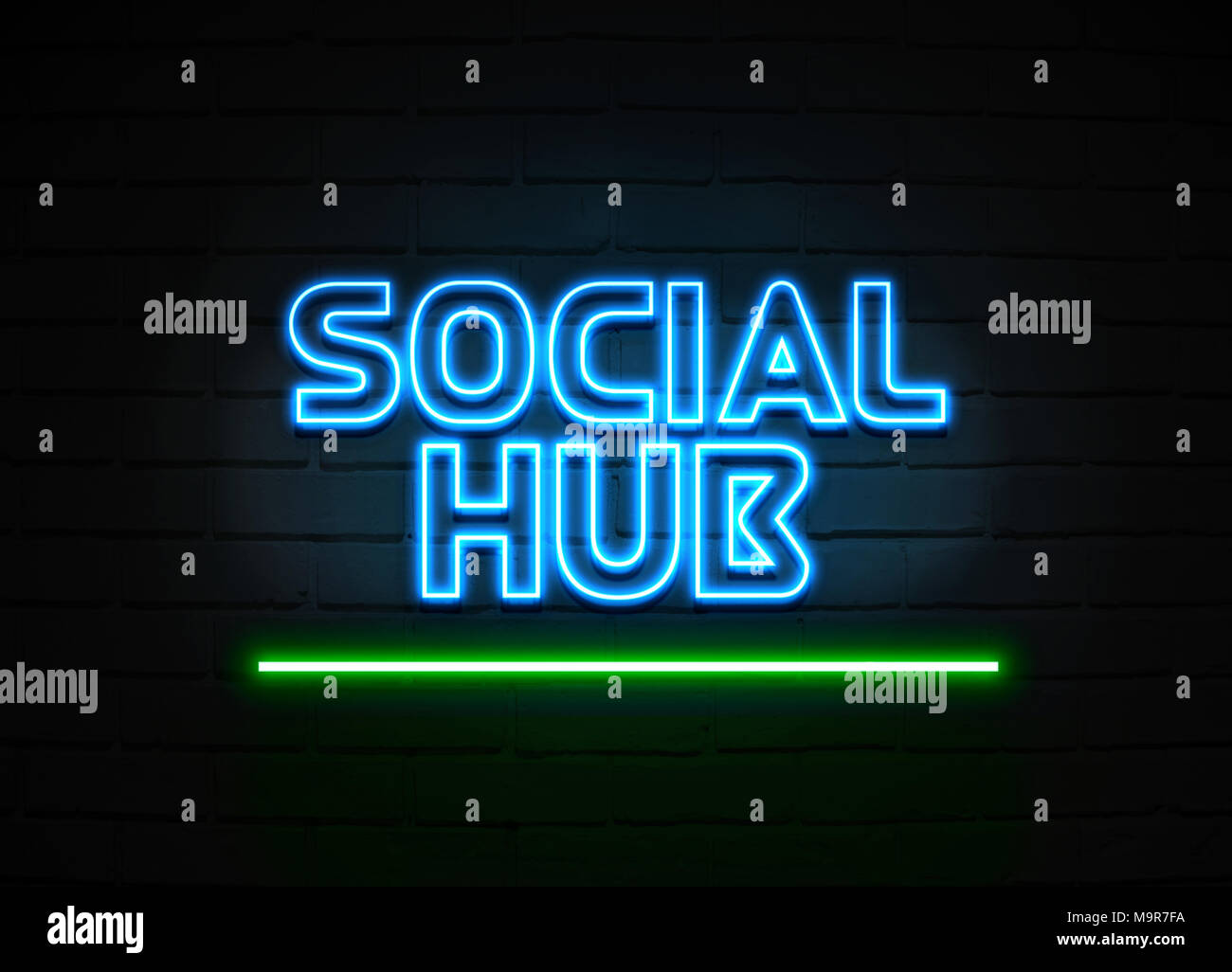 Social Hub neon sign - Glowing Neon Sign on brickwall wall - 3D rendered royalty free stock illustration. Stock Photo