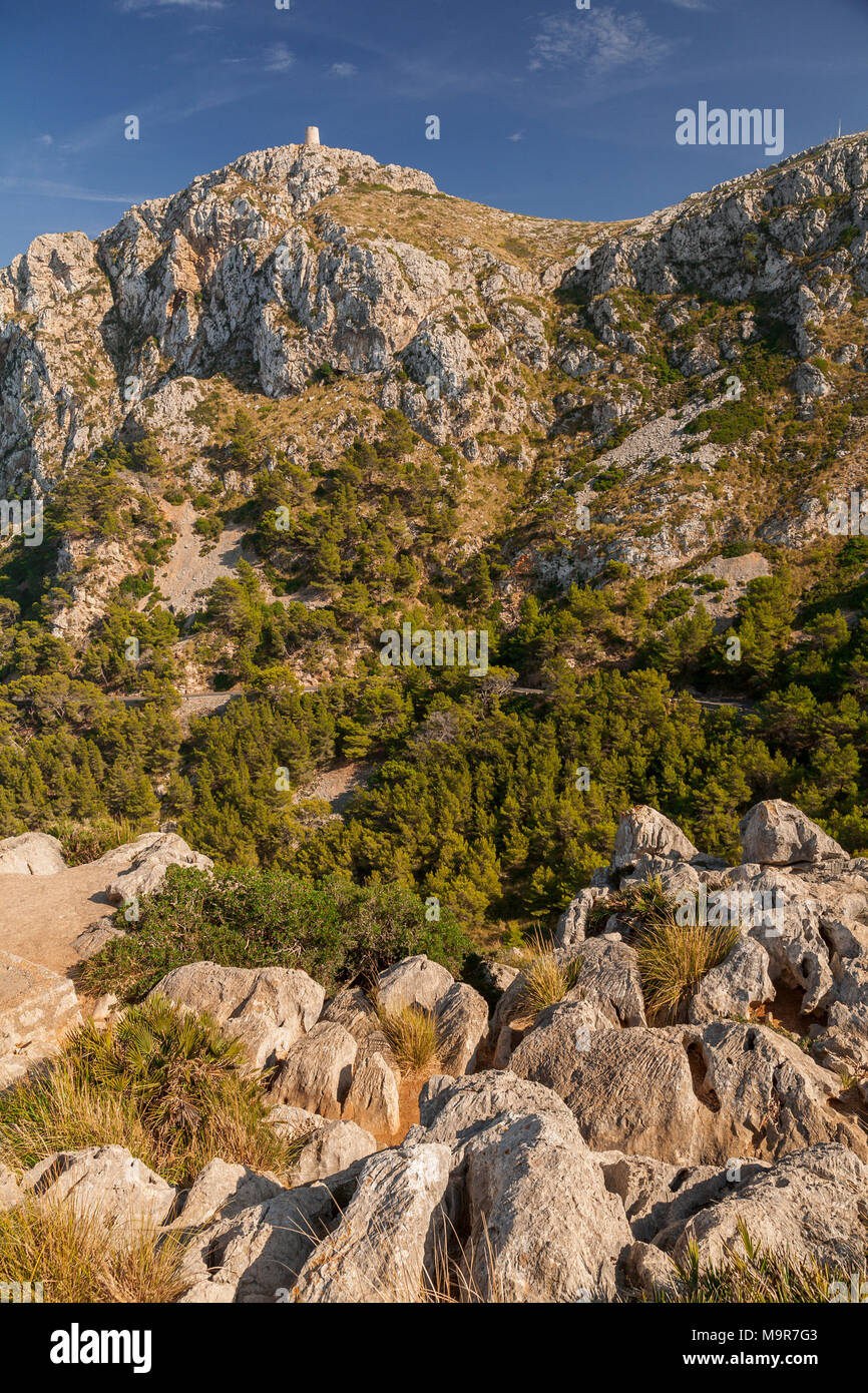 Watchtower and rocks at Formentor, Mallorca, Spain on a sunny summer's day Stock Photo