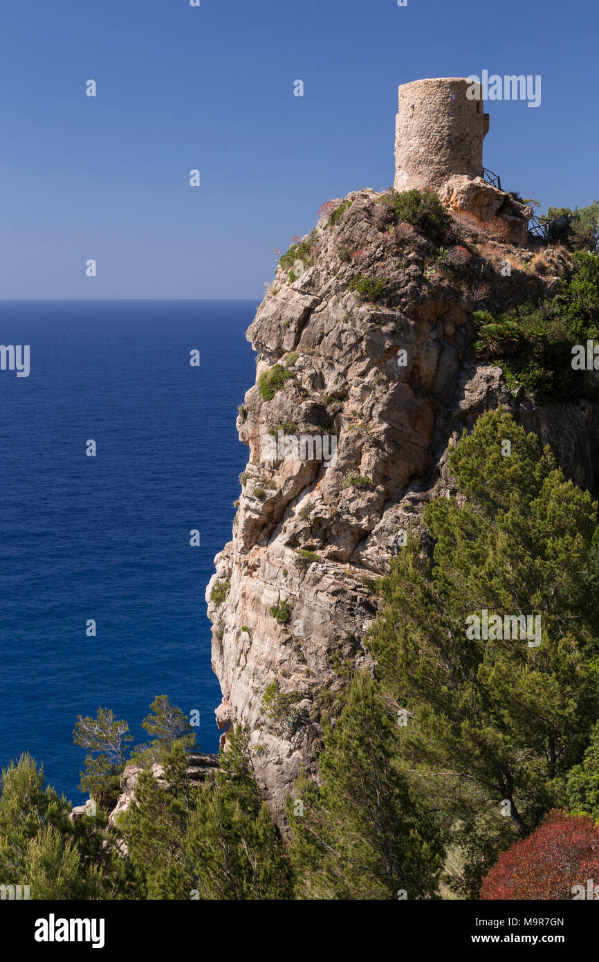 Watchtower at Mirador de ses Animes on the Mediterranean coast of Mallorca, Spain on a sunny summer's day Stock Photo