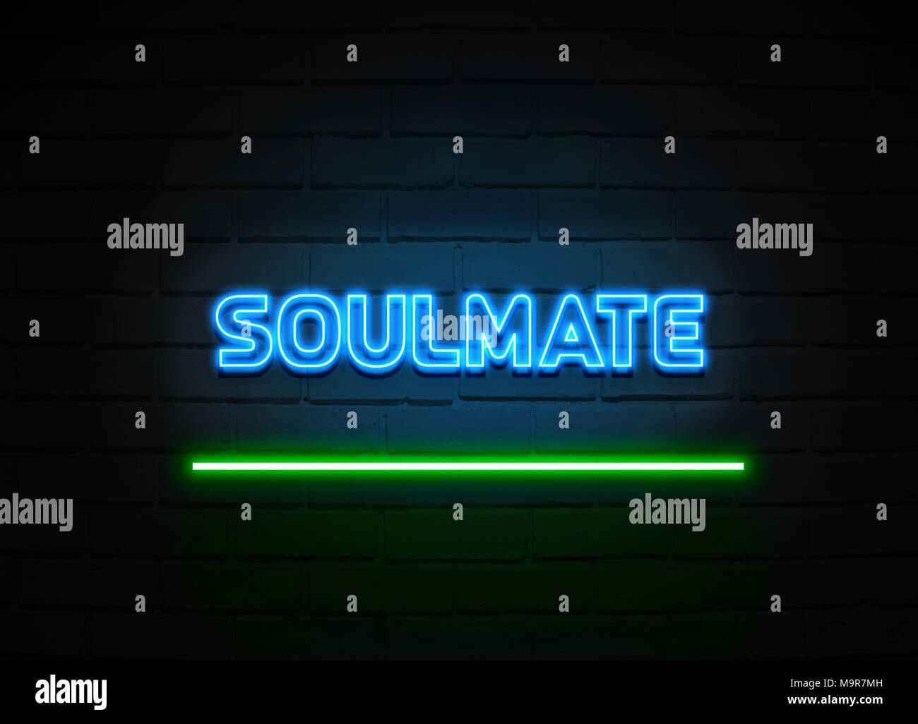 Soulmate neon sign - Glowing Neon Sign on brickwall wall - 3D rendered royalty free stock illustration. Stock Photo