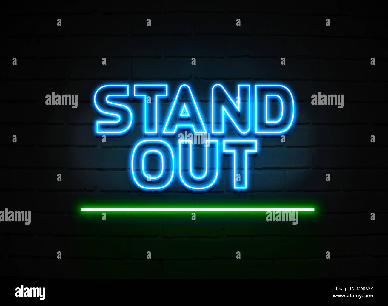 Stand Out neon sign - Glowing Neon Sign on brickwall wall - 3D rendered ...