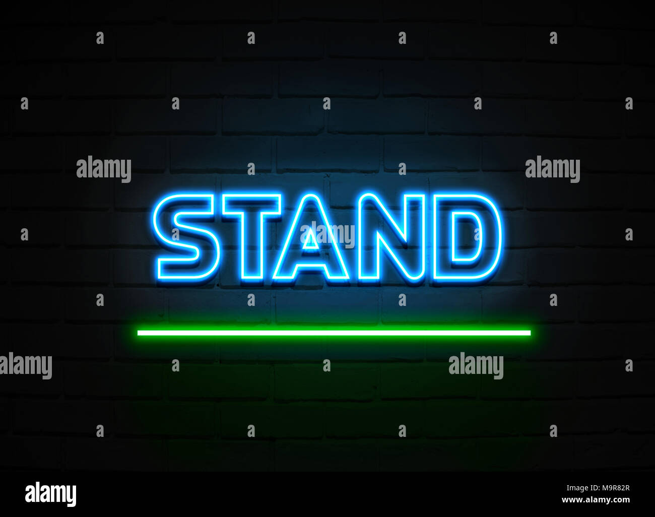 Stand neon sign Glowing Neon Sign on brickwall wall 3D rendered