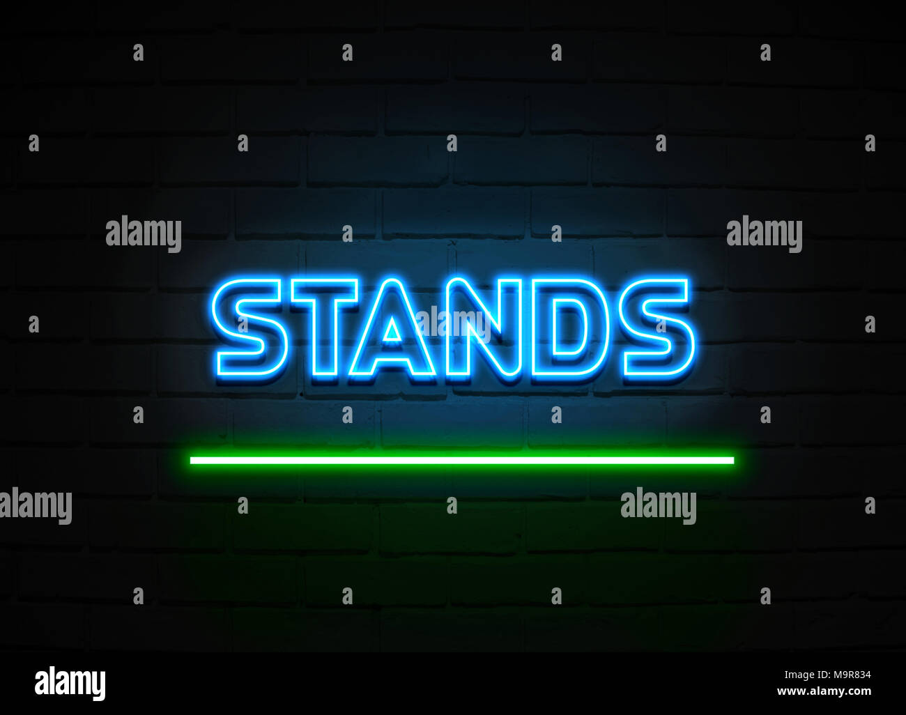 Stands neon sign Glowing Neon Sign on brickwall wall 3D rendered