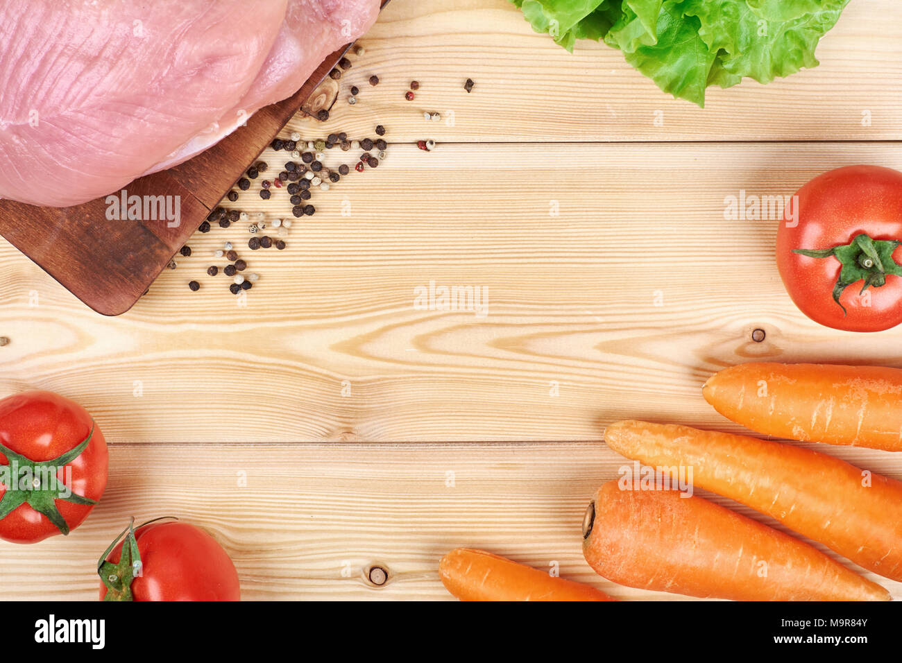 Download Frame Of Fresh Vegetables And Dietary Meat On Wooden Background Healthy Natural Food On Table With Copy Space Cooking Ingredients Top View Mockup For Recipe Or Menu Stock Photo Alamy