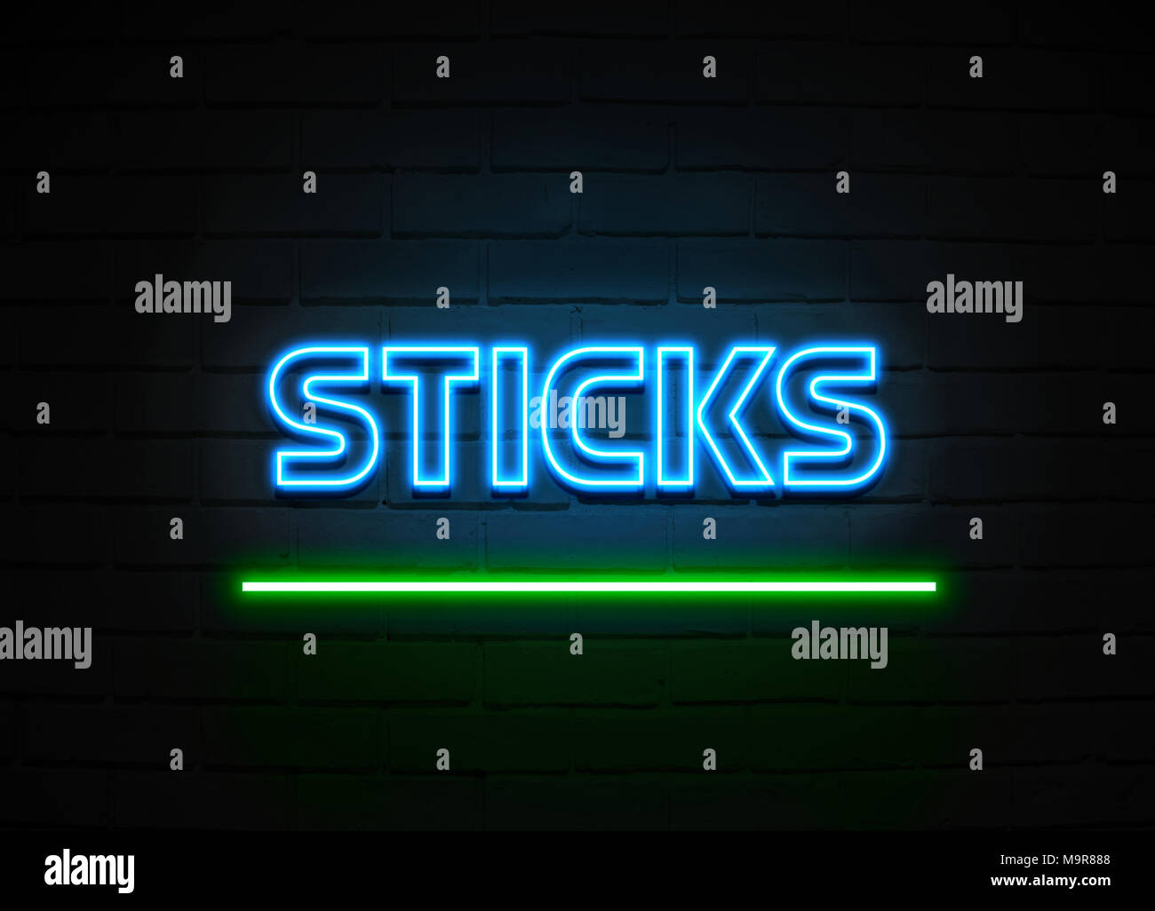 Sticks neon sign - Glowing Neon Sign on brickwall wall - 3D rendered royalty free stock illustration. Stock Photo