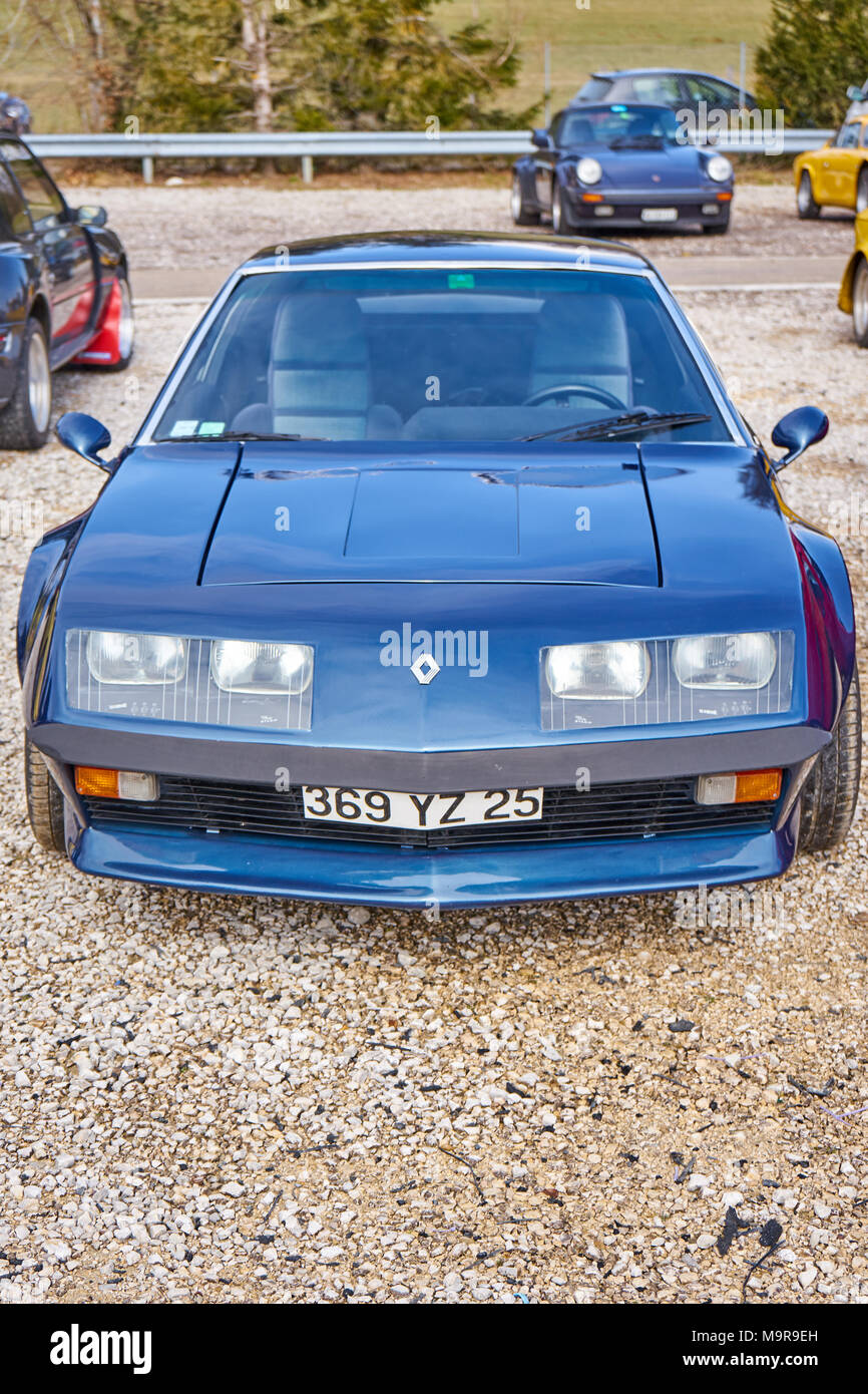 Septfontaines / France / March 2018 : Blue Renault Alpine A310 Parks Around A Youngtimer Car Rallye Stock Photo