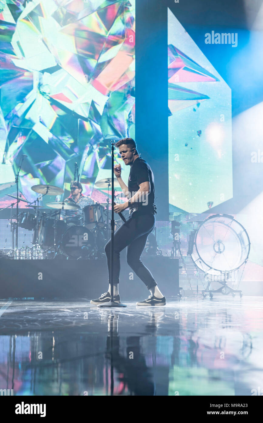 Imagine Dragons perform to an adoring Glasgow crowd at the SSE Hydro, big performance from band and crowd. Stock Photo