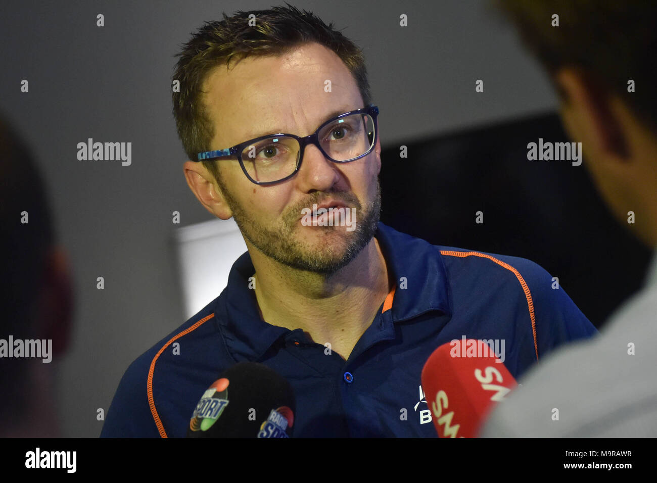 Auckland, New Zealand. 27th Mar, 2018. Blackcaps head coach Mike Hesson speaks to the media after his team wining the First Test match against England last night. Blackcaps win by an inners and 49 runs Credit: Shirley Kwok/Pacific Press/Alamy Live News Stock Photo