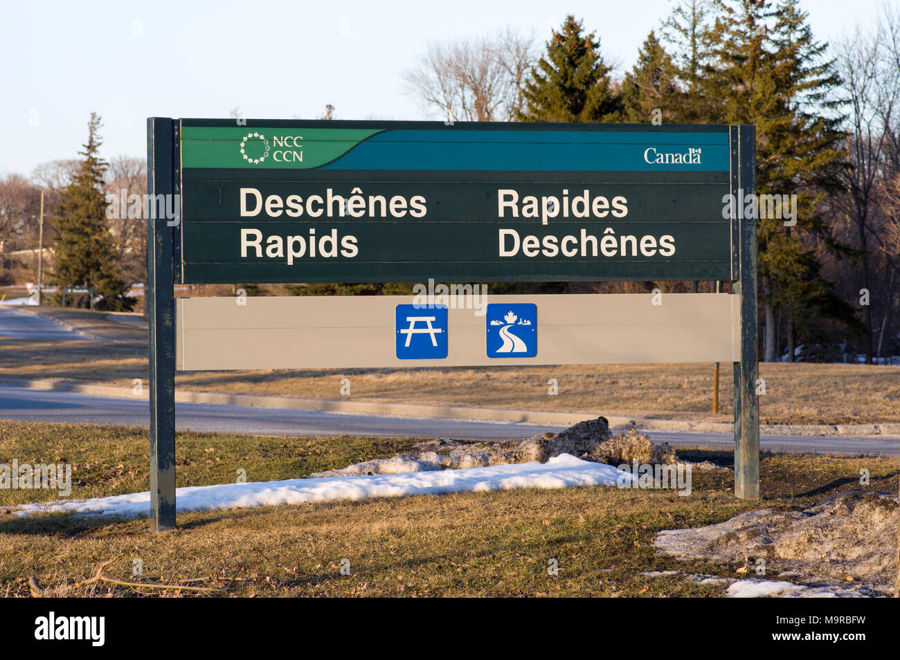 bilingual sign for deschenes rapids, Ottawa, Canada Stock Photo