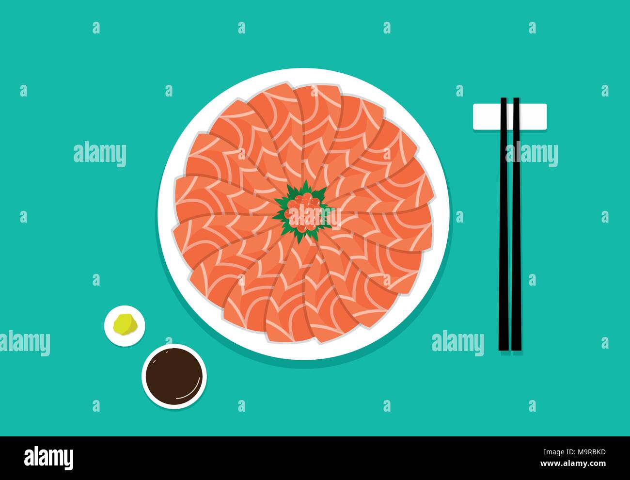 Top view, Sashimi salmon on white plate, vector art Stock Vector