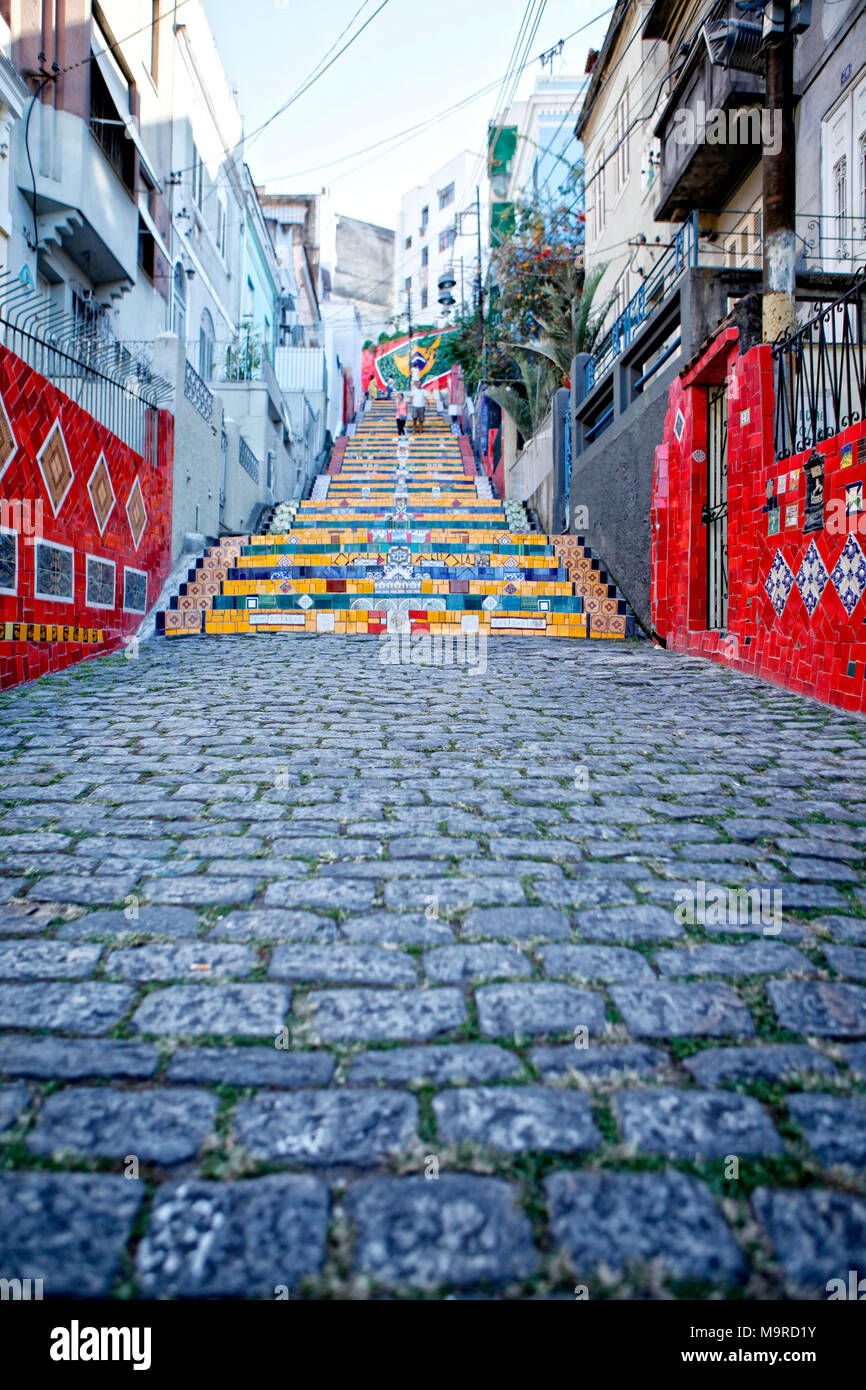 Escadaria Selar—n, also known as the 'Selaron Steps', is a set of world-famous steps in Rio de Janeiro, Brazil. They are the work of Chilean-born arti Stock Photo