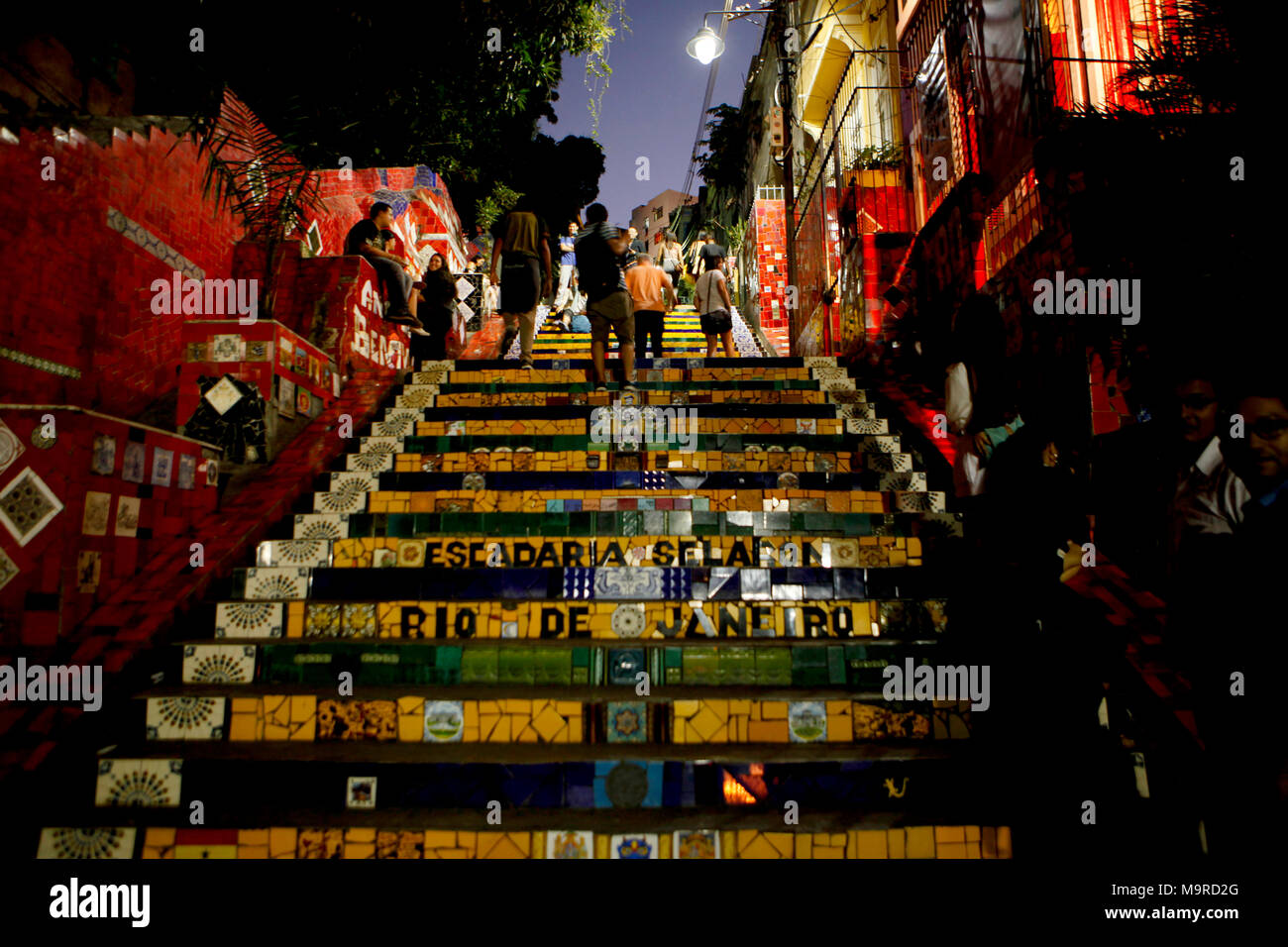 Escadaria Selar—n, also known as the 'Selaron Steps', is a set of world-famous steps in Rio de Janeiro, Brazil. They are the work of Chilean-born arti Stock Photo