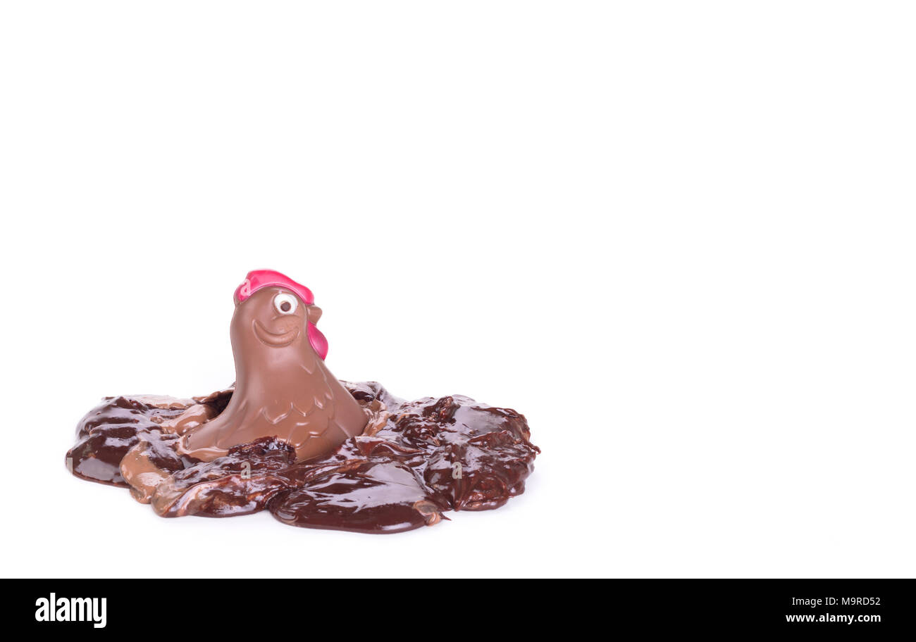 Melting chocolate easter chicken - Isolated on white background Stock Photo