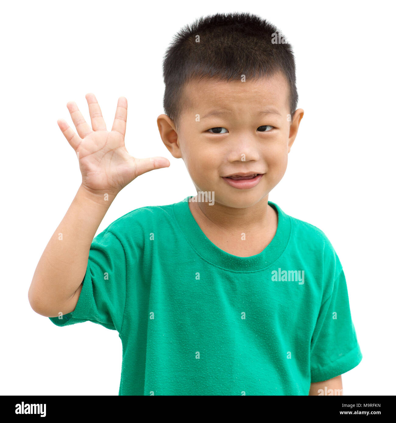 Asian child showing number five hand sign. Portrait of young boy ...