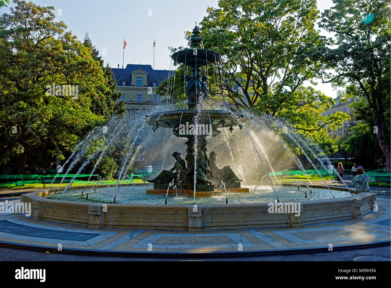 Europe, Switzerland, Genève, Geneva, Geneva, promenade you Lac, Jardin Anglais, English garden, fountain, well, place of interest, tourism, statues, w Stock Photo