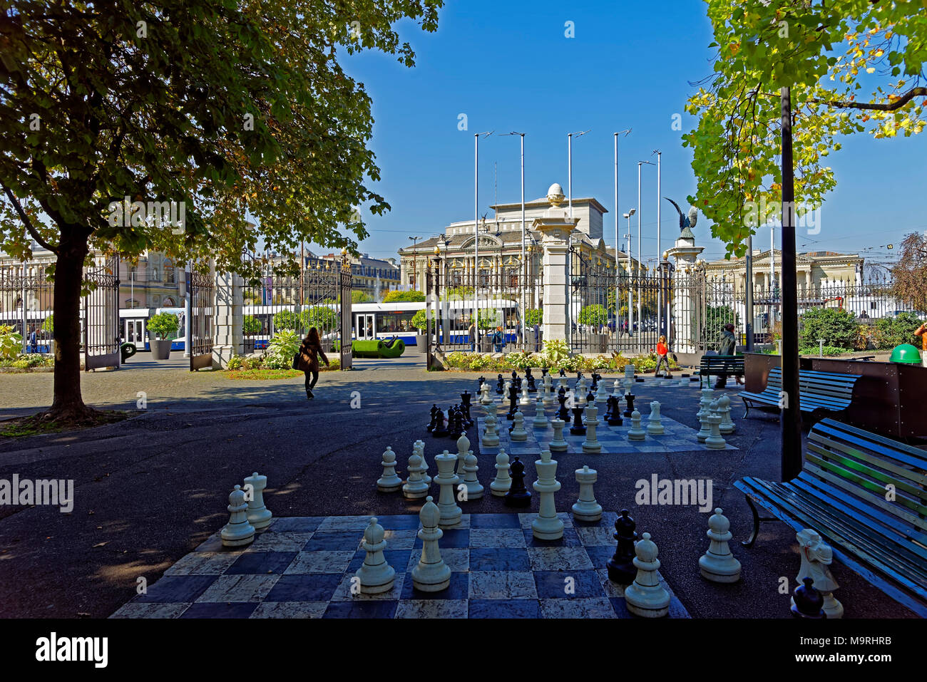 Europe, Switzerland, Genève, Geneva, Geneva, promenade of the Bastions, to chess, figures, Parc of the Bastions, trees, place of interest, tourism, tr Stock Photo