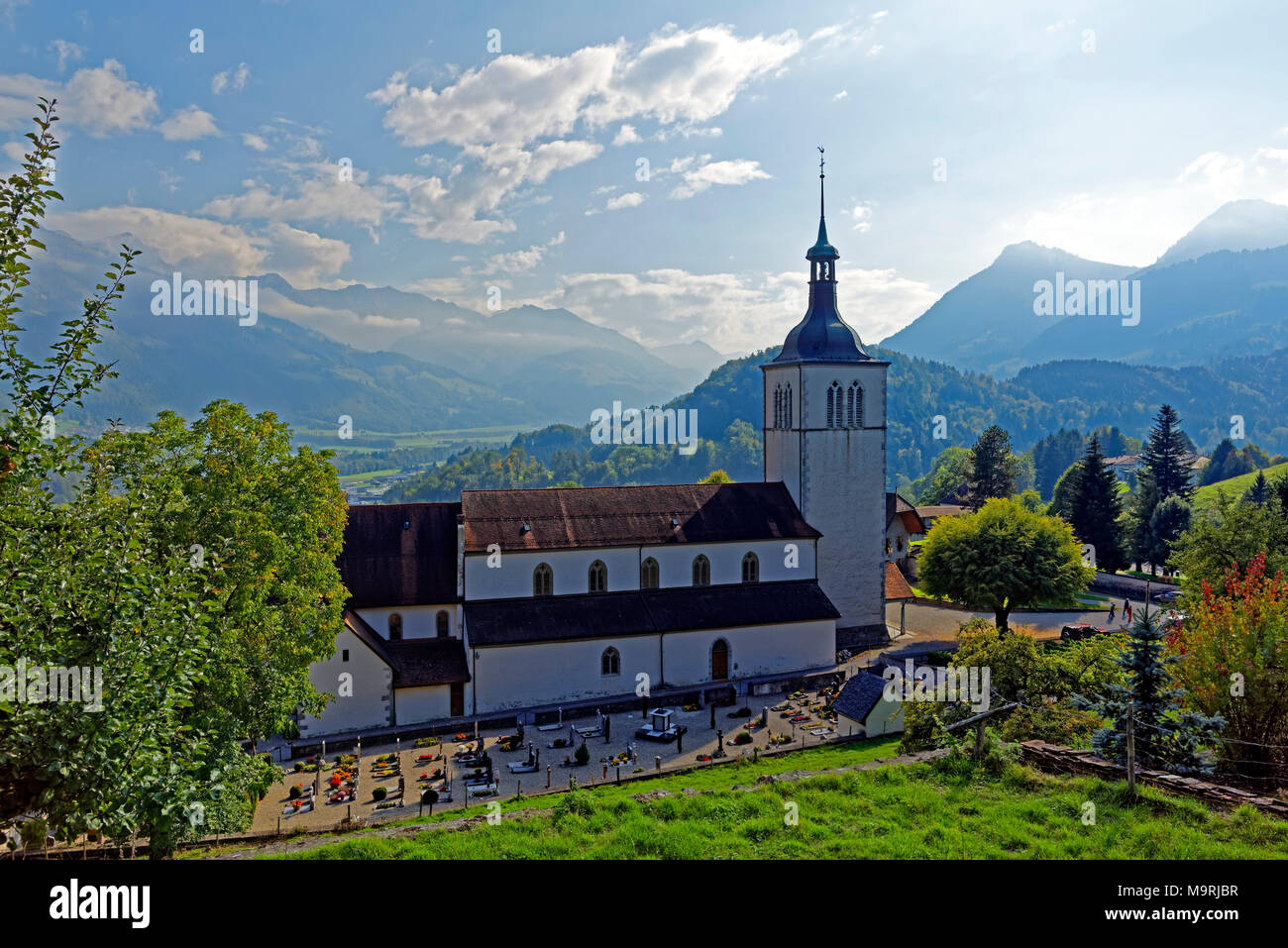 Europe, Switzerland, Freiburg, gruyere cheese, Les Grands-Chemins, church,  Église Saint Théodule, architecture, trees, buildings, historically, scener  Stock Photo - Alamy