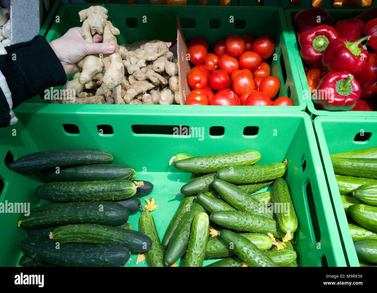 The buyer chooses vegetables in the window where there is ginger, tomatoes, peppers and cucumbers. Stock Photo