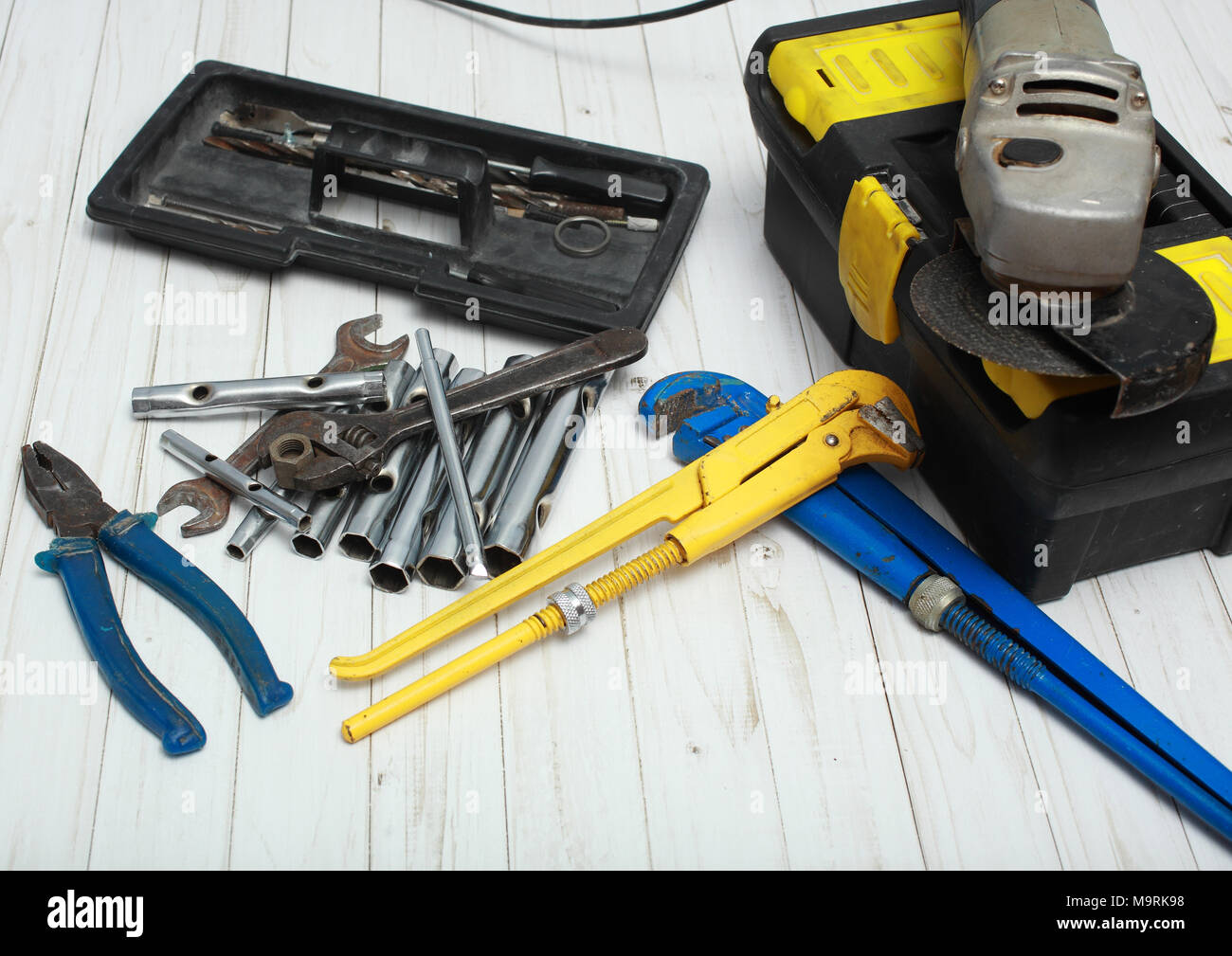 The owner laid out his tools on the table. Stock Photo