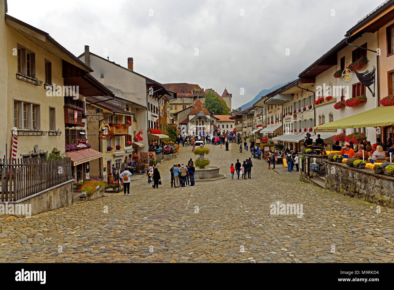 Europe, Switzerland, Freiburg, gruyere cheese, Greyerz, Rue you Bourg,  local view, high street, architecture, trees, plants, flowers, people,  people Stock Photo - Alamy