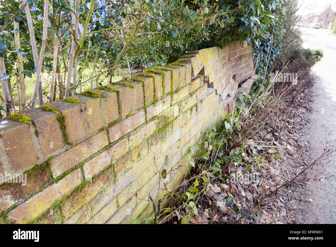 Impact damage to red brick garden wall caused by vehicle reversing, Suffolk, England, UK Stock Photo