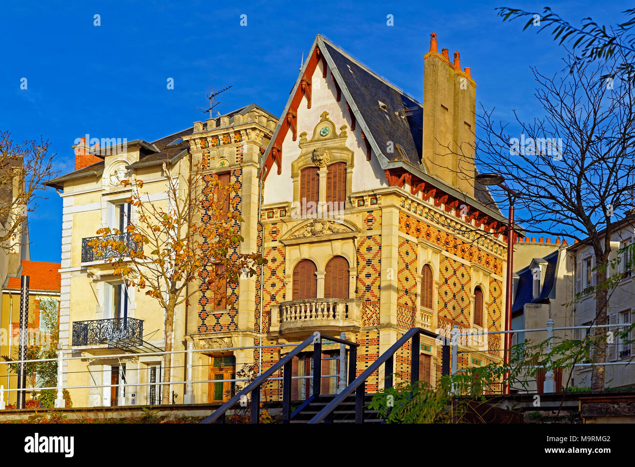 Europe, France, Auvergne, Vichy, Rue Thermale Numéro 7, houses, extremely, architecture, building, trees, place of interest, tourism, street Stock Photo