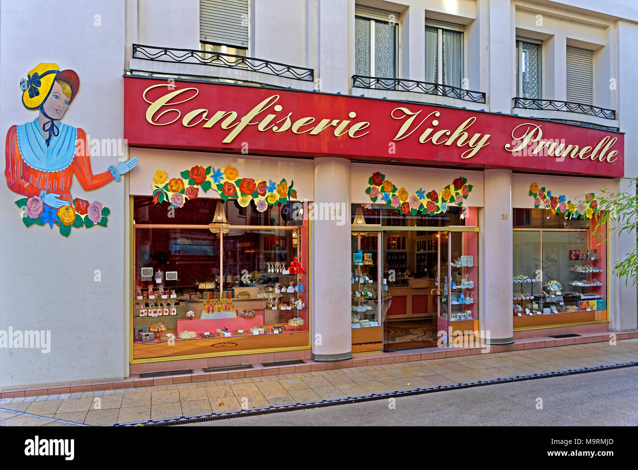 Europe, France, Auvergne, Vichy, Rue Montaret, business, cake shop Vichy Prunelle, sweets, on the regional level, building, shops, detail, decorations Stock Photo