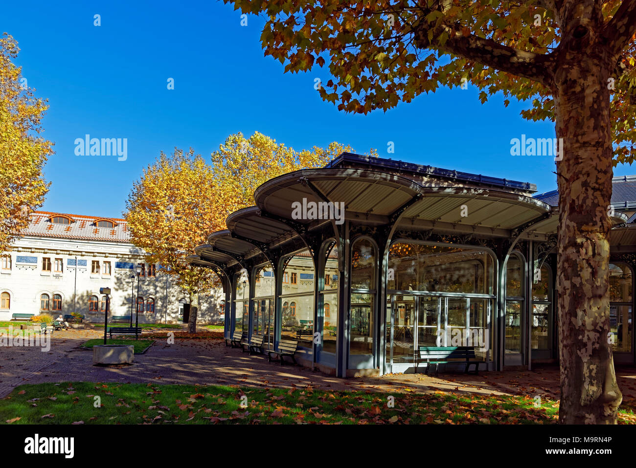 Europe, France, Auvergne, Vichy, avenue Thermale, gallery of the Sources, pump room of the springs, autumn, colour of the leaves, building, historical Stock Photo