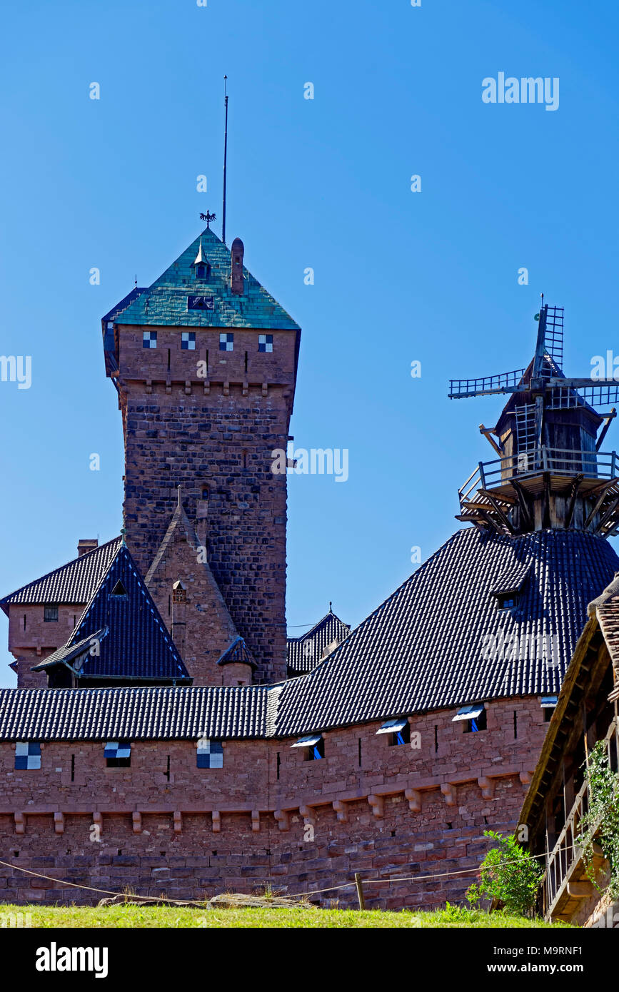 Europe, France, Alsace-Champagne-Ardenne-Lorraine, Saint-Hippolyte, Château you skin Königsbourg, D 159, Château you skin Königsbourg, windmill, archi Stock Photo