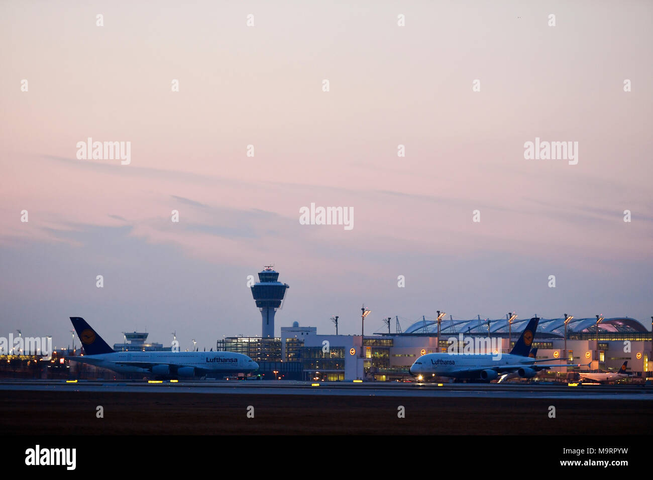 Lufthansa, Airbus A380-800, A380, 800, Airport, Munich, roll, in, out, start, take of, Terminal 1, Terminal 2, Tower, Satellit, Push Back Truck, MUC, Stock Photo