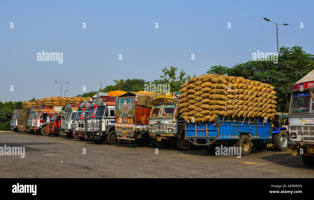 Agra, India Nov 5, 2017. Truck trailers on rest area in Agra, India
