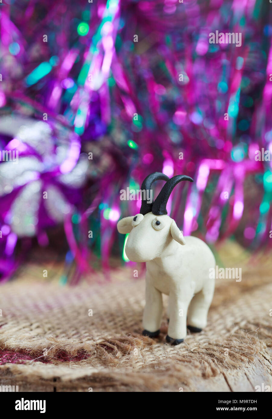 Plasticine world little homemade white goat with black horns and