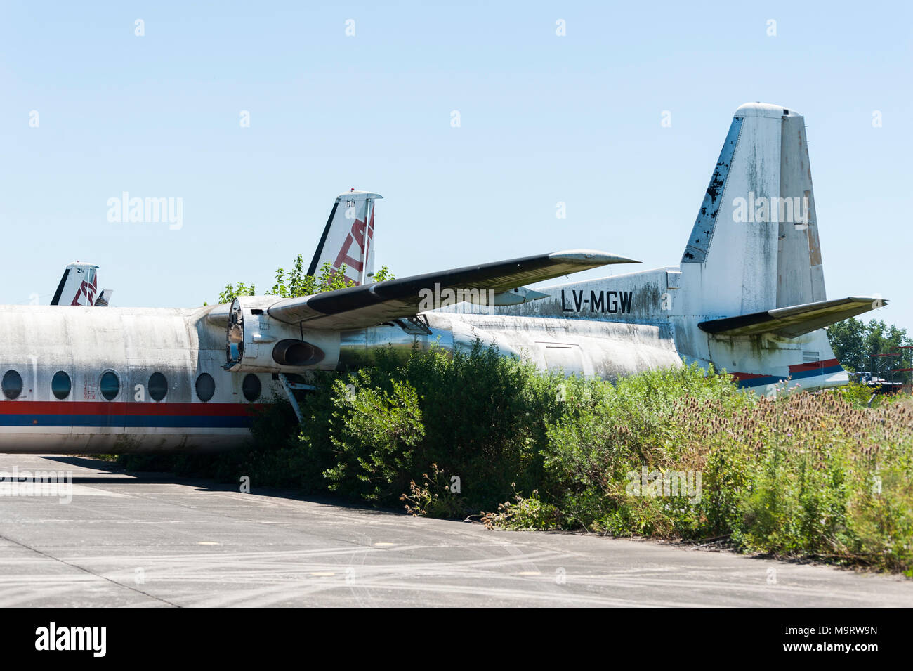 Nature taking over abandoned Fairchild airplanes of CATA Linea Aerea at the Moron Airport in Buenos Aires Stock Photo