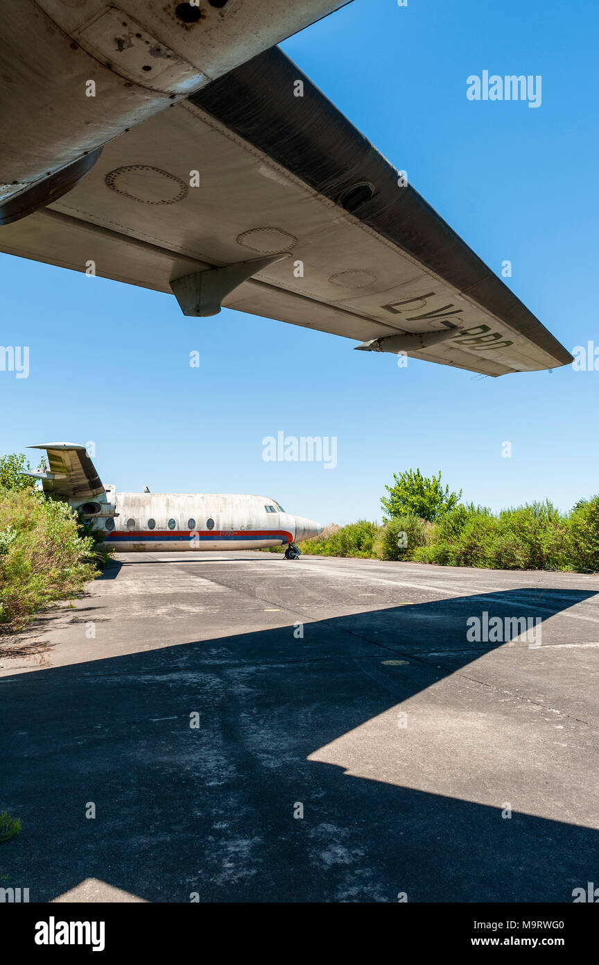 Nature taking over abandoned Fairchild airplanes of CATA Linea Aerea at the Moron Airport in Buenos Aires, under wing image Stock Photo