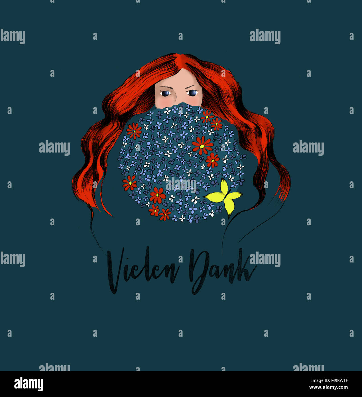The Young Redhead Women Hiding Herself behind Big Round Bouquet of Blue and Red Flowers. German Text: Vielen Dank (in English: Thanks a lot) Designed  Stock Photo
