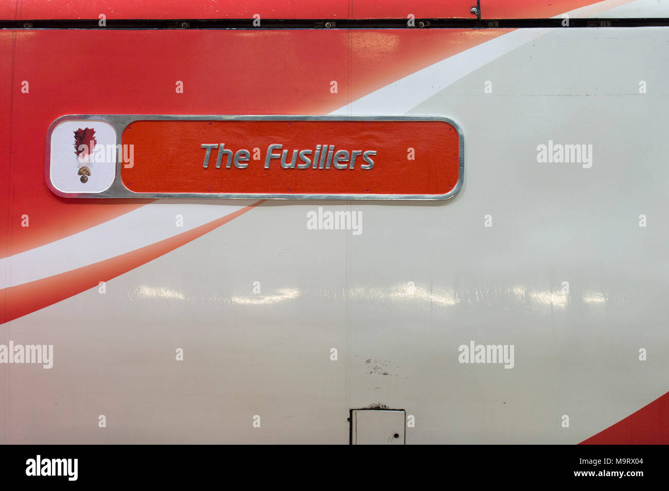 Kings Cross, London, UK. 27 March 2018. The Royal Regiment of Fusiliers is honoured with the naming of a Virgin Trains Class 91 locomotive. Stock Photo