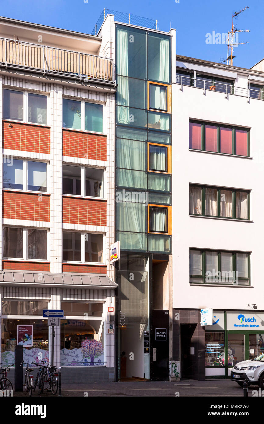 Germany, Cologne,the narrowest house in Cologne on the street Eigelstein 115, it is 2.56 meters wide, architect Arno Brandlhuber.  Deutschland, Koeln, Stock Photo