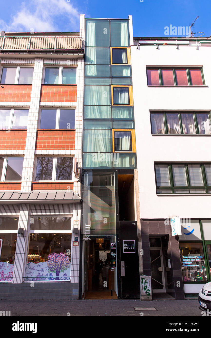 Germany, Cologne,the narrowest house in Cologne on the street Eigelstein 115, it is 2.56 meters wide, architect Arno Brandlhuber.  Deutschland, Koeln, Stock Photo
