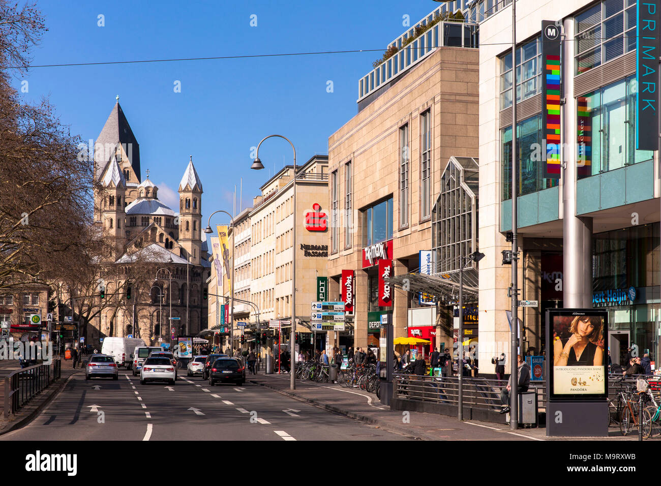 Germany, Cologne, buildings at the north side of the Neumarket, view to the church St. Aposteln.  Deutschland, Koeln, Gebaeude an der Nordseite des Ne Stock Photo